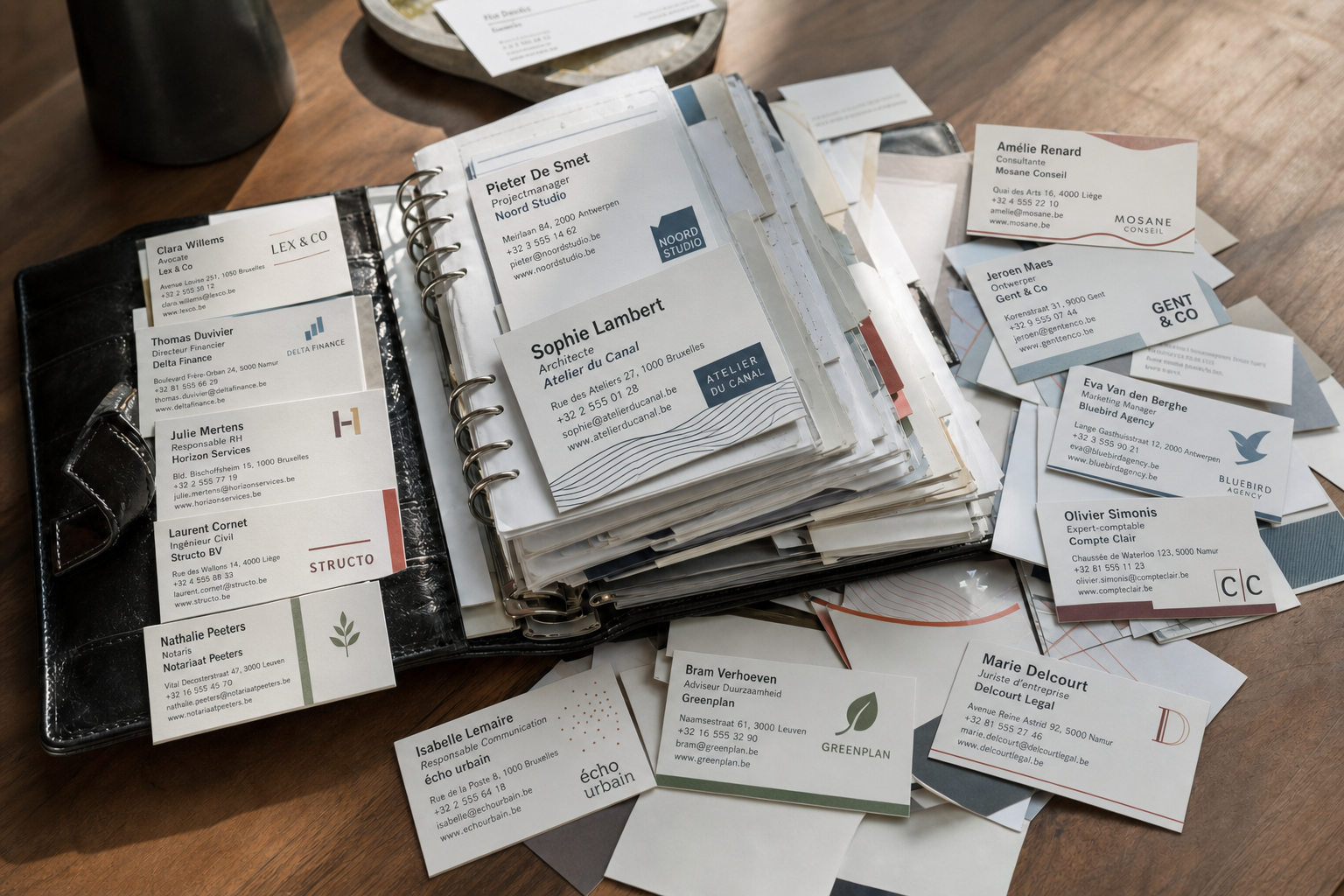 Un classeur débordant de cartes de visite en papier, éparpillées sur un bureau en bois.