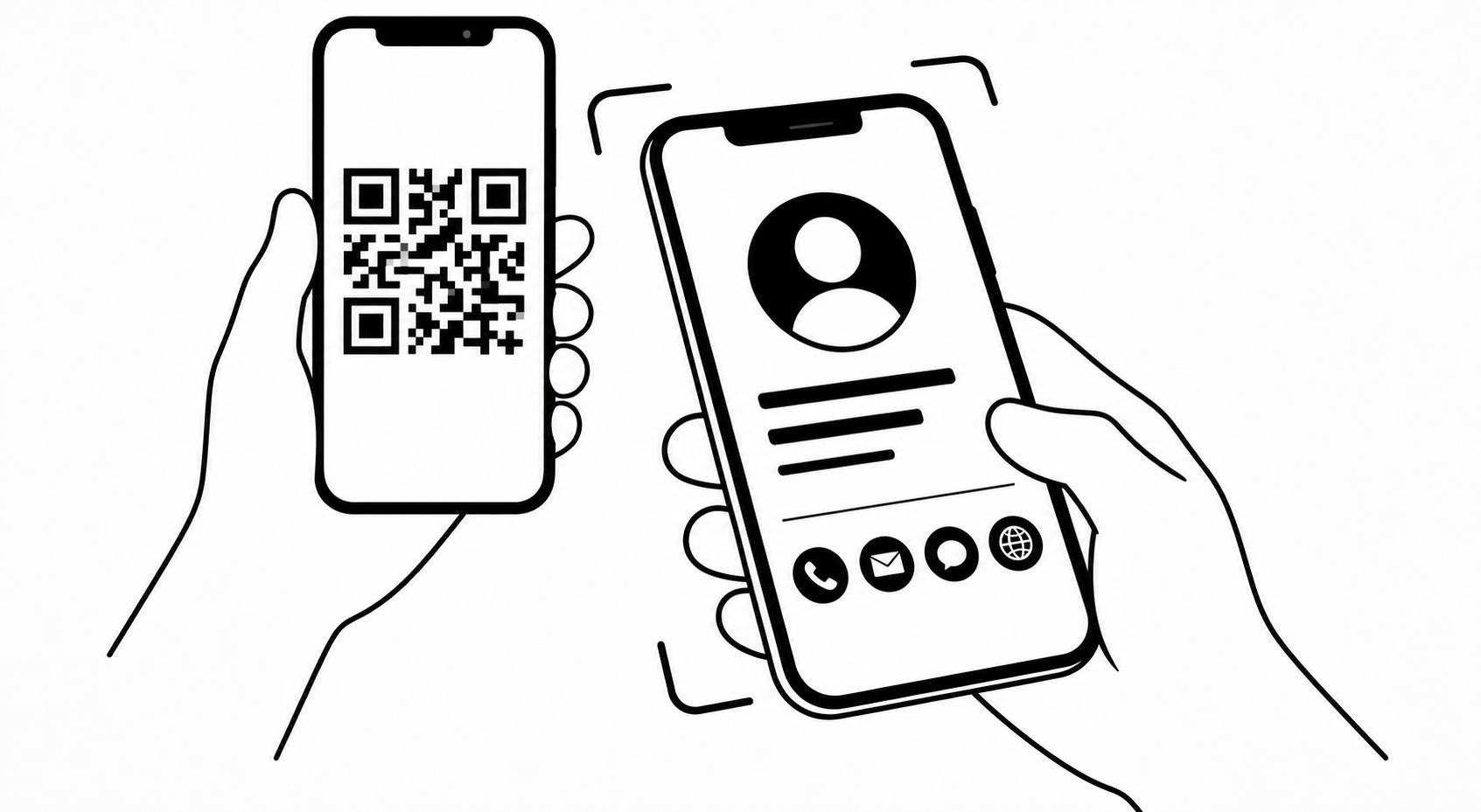 Un smartphone affiche un QR code, scanné par un autre qui montre une carte de visite.