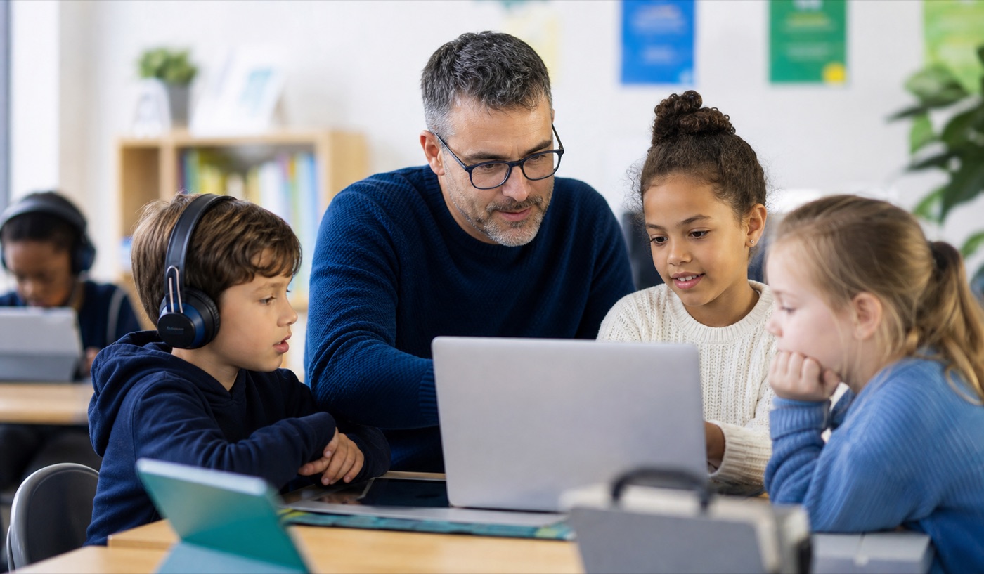 Adulte guidant calmement des enfants dans un espace cybermédia scolaire.