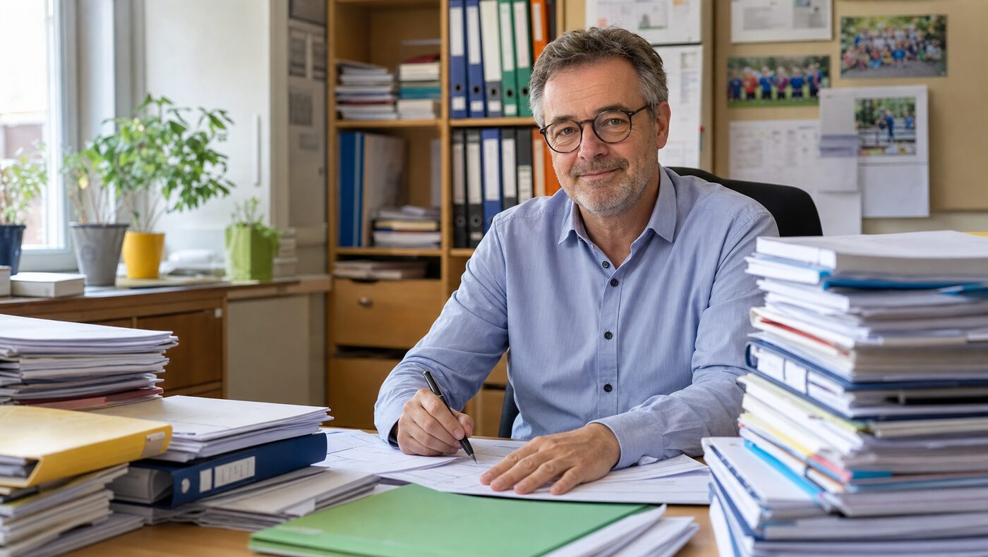 Un directeur d’école assis à son bureau, stylo en main, entouré de piles de dossiers, de fardes et de classeurs, avec des photos de classe affichées au mur
